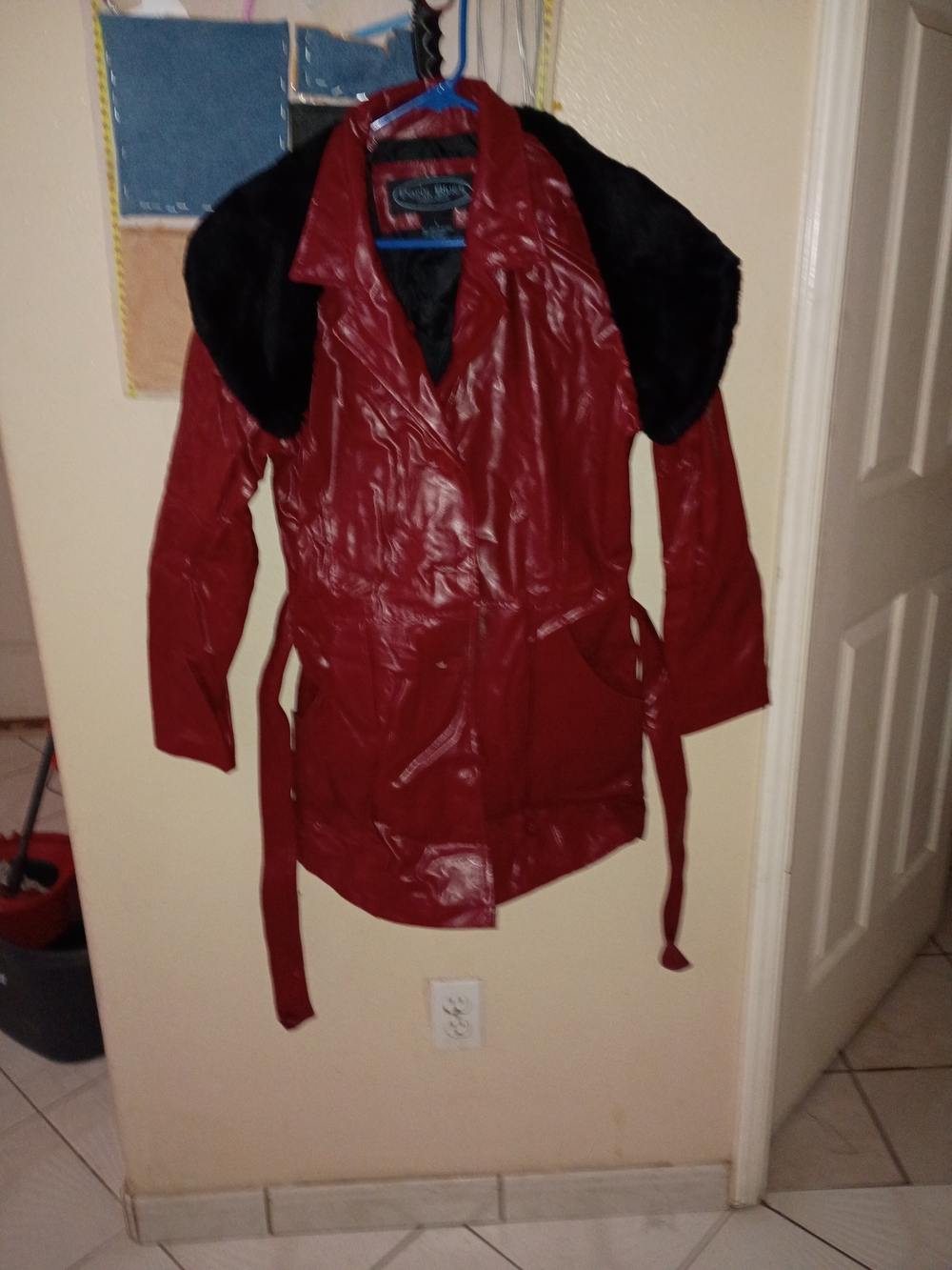 Paris Blues Red Trench Coat with Black Fur Collar